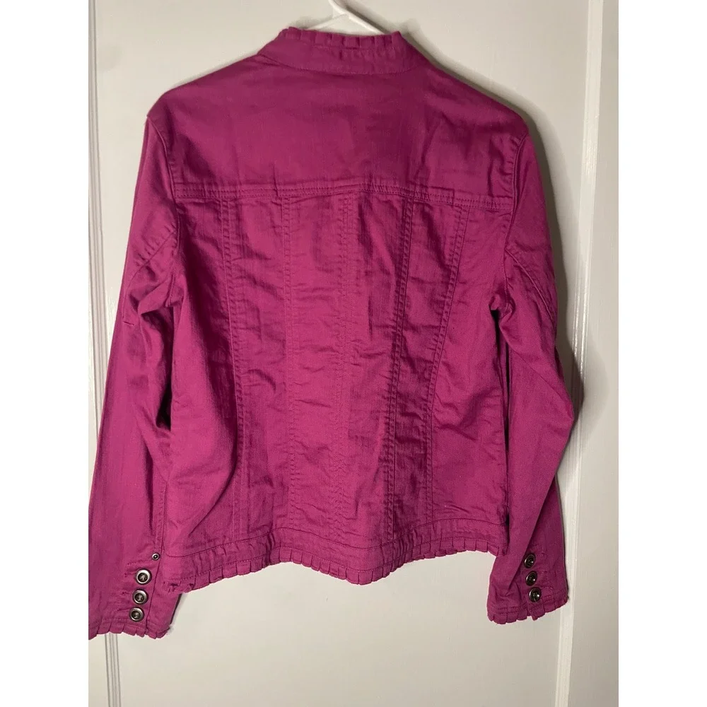 Chico's Platinum Ruffle Trim Jacket Size 1‎ Magenta Cotton Blend medium